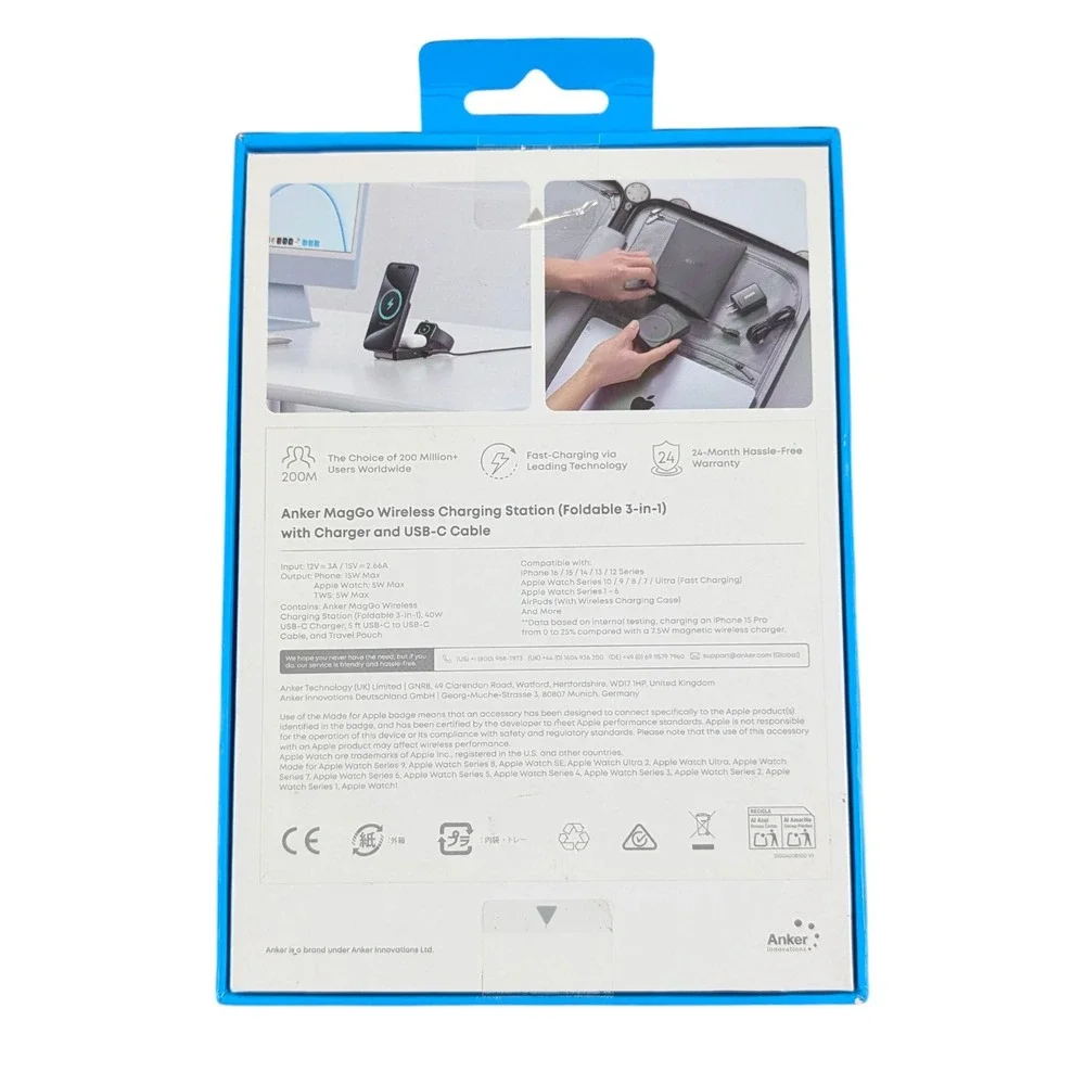Cc6N Anker MagGo 15W Pocket-Sized 3-in-1 Magsafe Charger for iPhone 16 15 iWatch